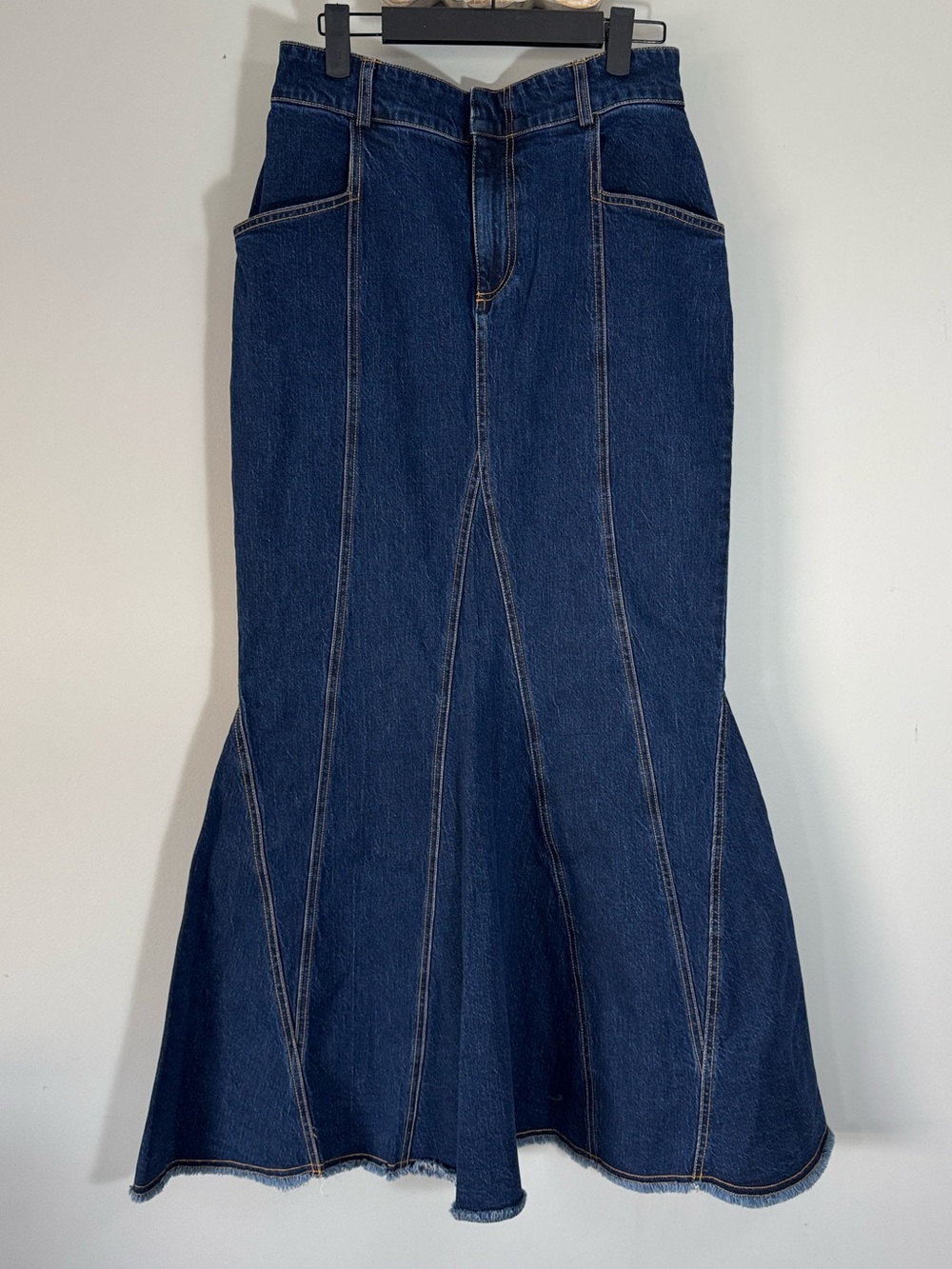 Anthropologie Pilcro Godet Flare Tulip Mermaid Denim Maxi Skirt Dark Wash Size 6 - Picture 3 of 16